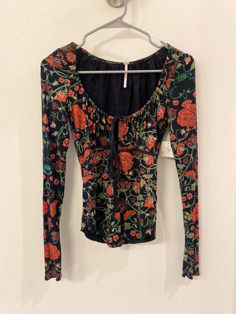 Free People Black Floral Long Sleeve Tie-Front Top